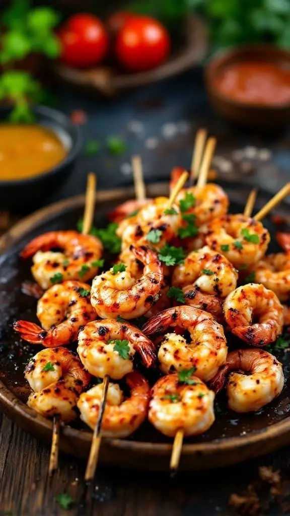 A plate of juicy grilled shrimp skewers garnished with herbs