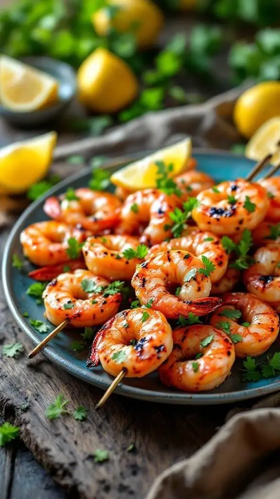 A plate of grilled shrimp skewers garnished with herbs and lemon slices
