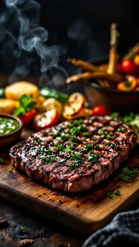 A perfectly grilled steak garnished with herbs, served with colorful vegetables.