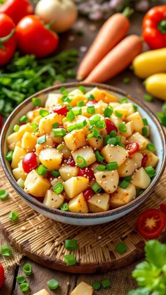 A bowl of Korean BBQ potato salad with diced potatoes, cherry tomatoes, and green onions, surrounded by fresh vegetables.