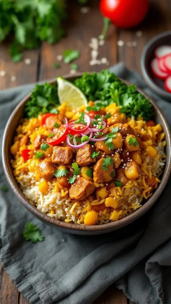 A bowl of Korean Curry Rice topped with fresh vegetables and herbs.