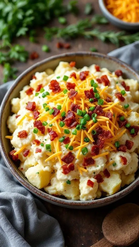 A bowl of loaded baked potato salad topped with bacon, cheese, and green onions.