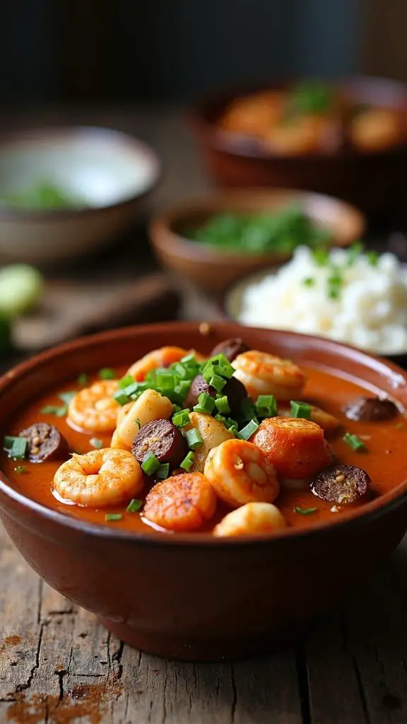 A bowl of Louisiana Seafood Gumbo with shrimp, sausage, and green onions