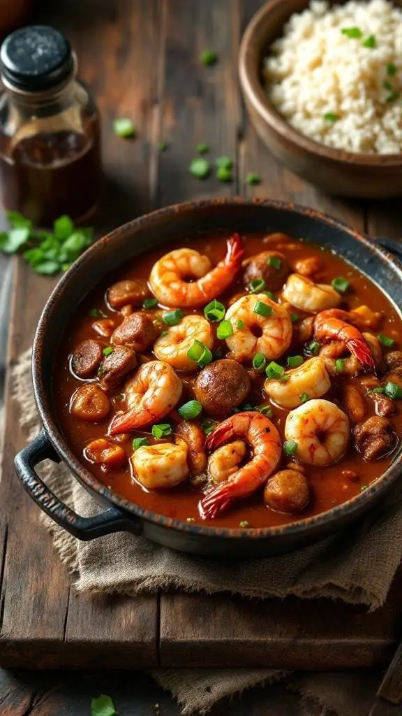 A bowl of Louisiana Seafood Gumbo with shrimp and sausage, served with rice.