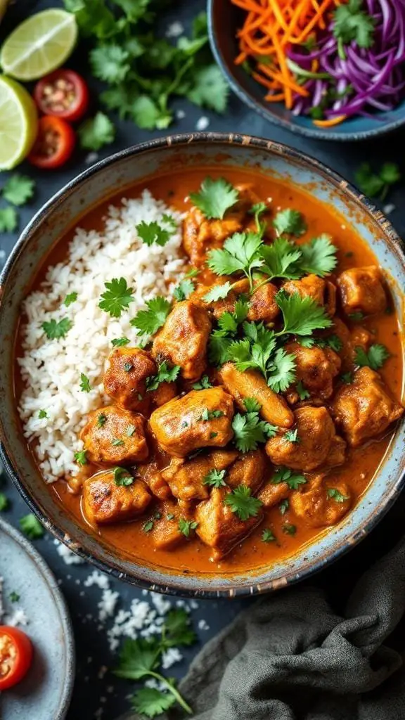 A bowl of Malaysian Chicken Rendang served with rice and garnished with cilantro.