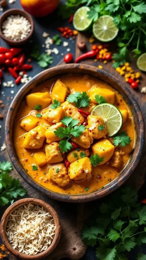 A bowl of mango coconut chicken curry with fresh ingredients around it.