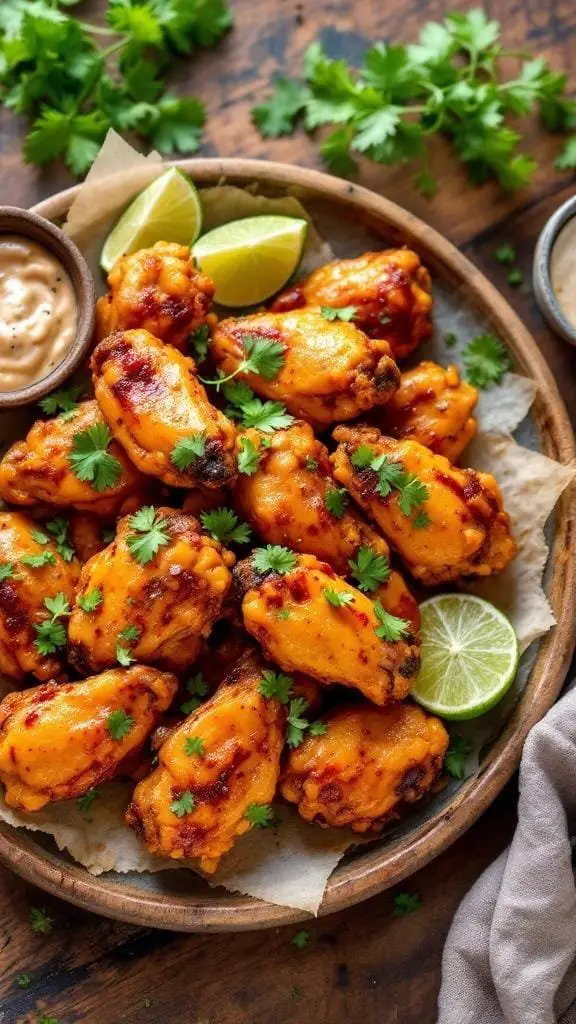 A plate of mango habanero chicken wings garnished with cilantro and lime.