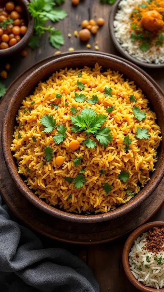 A bowl of Manipuri Ooti, a rice-dal fusion dish garnished with fresh coriander.