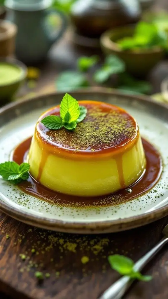 A beautifully plated matcha green tea flan topped with mint leaves and caramel sauce.