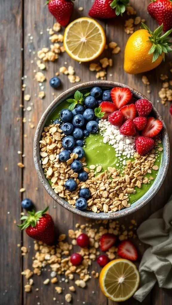 A vibrant Matcha Green Tea Smoothie Bowl topped with fresh fruits and granola.