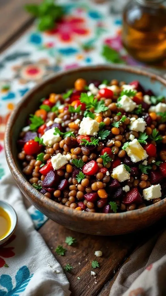 A bowl of Mediterranean Lentil & Roasted Beet Salad with colorful ingredients.
