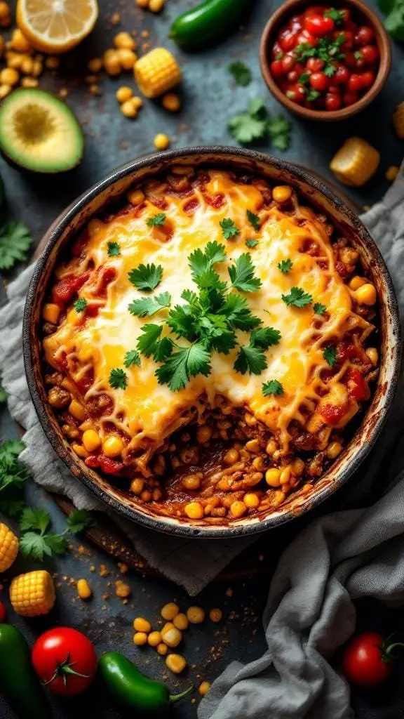 A delicious Mexican-inspired tamale pie topped with cheese and cilantro, surrounded by fresh ingredients like tomatoes, avocado, and jalapeños.