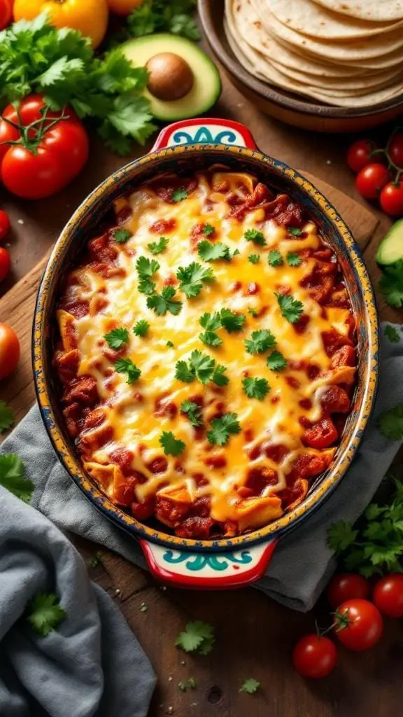 A delicious Mexican Enchilada Bake topped with cheese and cilantro, surrounded by fresh vegetables.