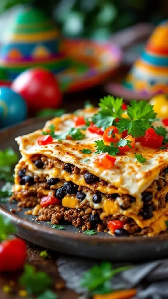 A delicious serving of Mexican lasagna with layers of meat, beans, and cheese, garnished with fresh tomatoes and cilantro.