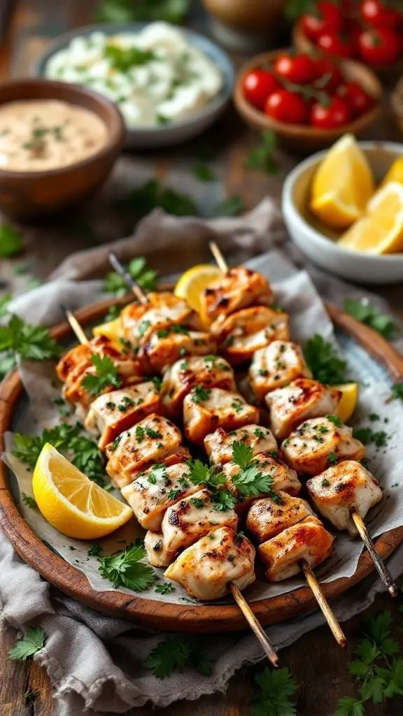 Middle Eastern fish kebabs served with lemon and herbs