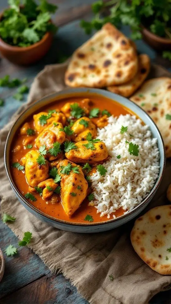 A bowl of Nepali chicken curry served with rice and naan.