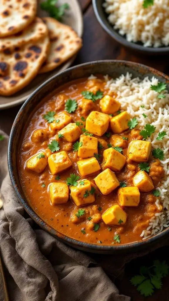 A bowl of Paneer Butter Masala served with rice and naan.
