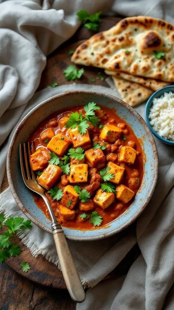 A bowl of Paneer Tikka Masala garnished with cilantro, served with naan and rice.
