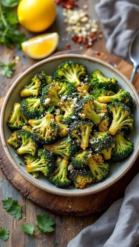 A bowl of Parmesan Roasted Broccoli garnished with cheese and spices, surrounded by lemon and herbs.