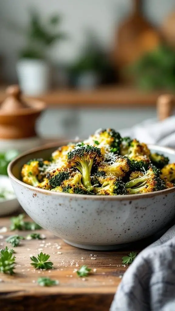 A bowl of Parmesan Roasted Broccoli on a wooden table