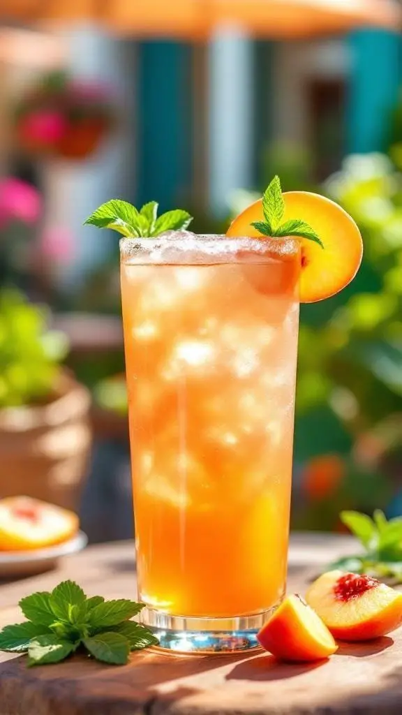 A refreshing Peach Mint Margarita served in a tall glass with mint leaves and peach slices.