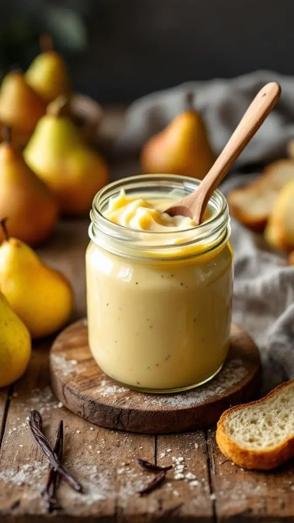 A jar of pear vanilla butter with a wooden spoon, surrounded by fresh pears and bread slices.