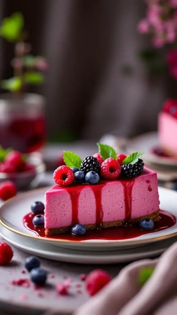 A slice of pink beetroot cheesecake topped with fresh berries and mint leaves.