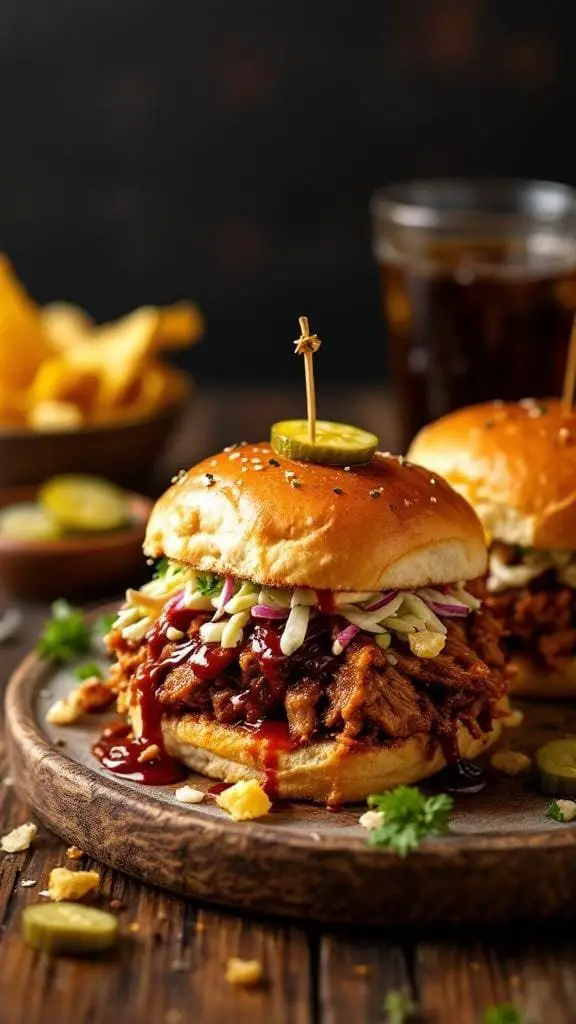 Pulled pork sliders topped with coleslaw and pickles on a wooden plate