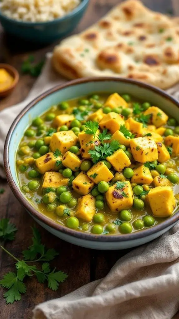 A bowl of Punjabi Matar Paneer with green peas and paneer cheese, served with naan.
