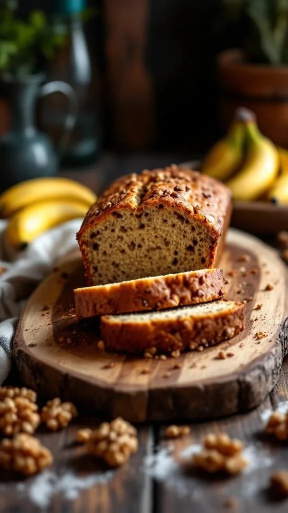 A loaf of banana bread sliced on a wooden board, surrounded by bananas and walnuts.