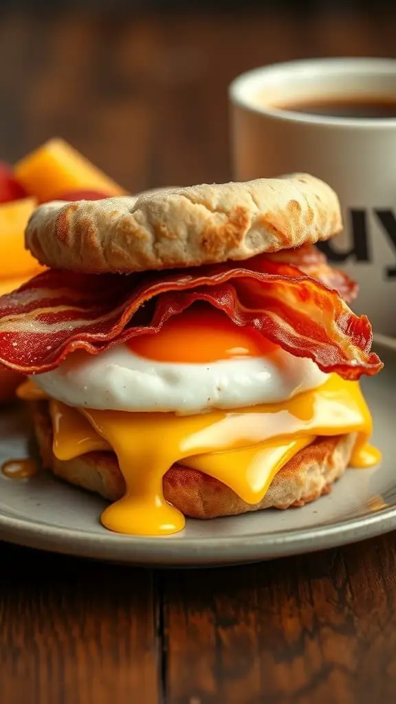 A delicious breakfast sandwich with bacon, egg, and cheese on an English muffin.