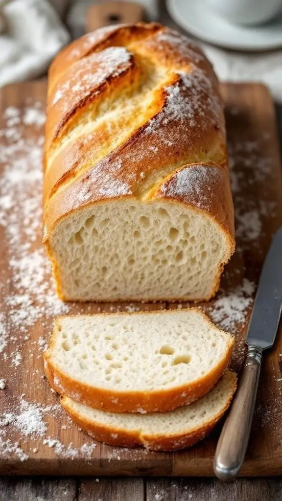 A freshly baked loaf of white bread with slices cut, resting on a wooden board.