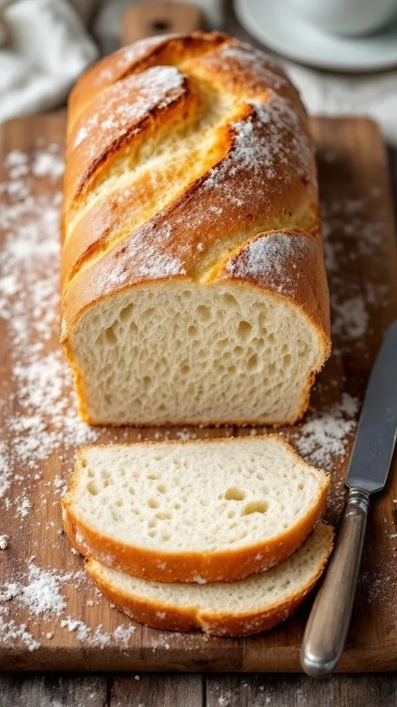 A freshly baked loaf of white bread with slices cut, resting on a wooden board.