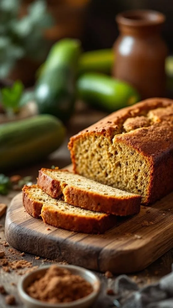 A loaf of zucchini bread sliced on a wooden board with fresh zucchinis in the background.
