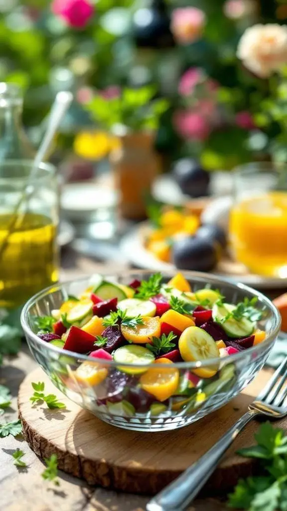 A vibrant bowl of cucumber and beetroot salad with fresh herbs, set against a blurred floral background.