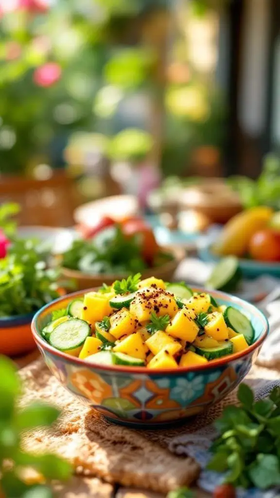 A vibrant bowl of cucumber and mango salad garnished with herbs