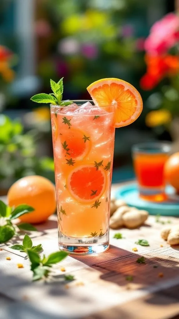 A refreshing grapefruit and ginger cocktail garnished with an orange slice and mint leaves.