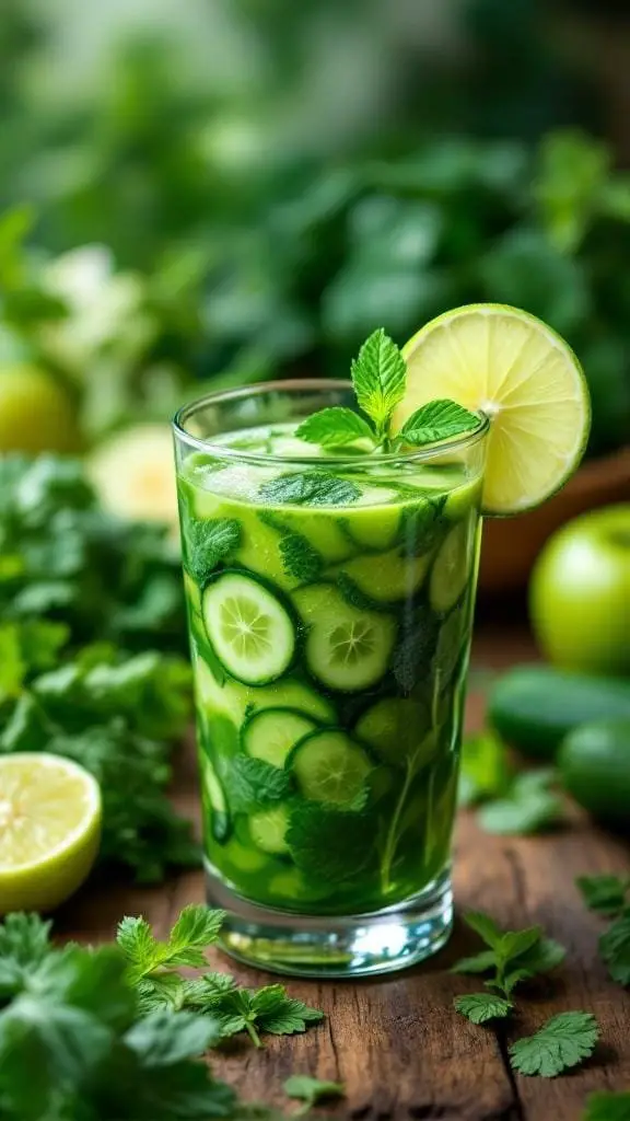 A refreshing green juice in a glass, garnished with mint and lime, surrounded by fresh ingredients.