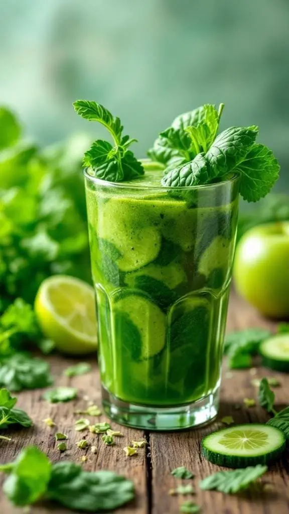 A glass of vibrant green juice garnished with mint leaves, surrounded by fresh ingredients.