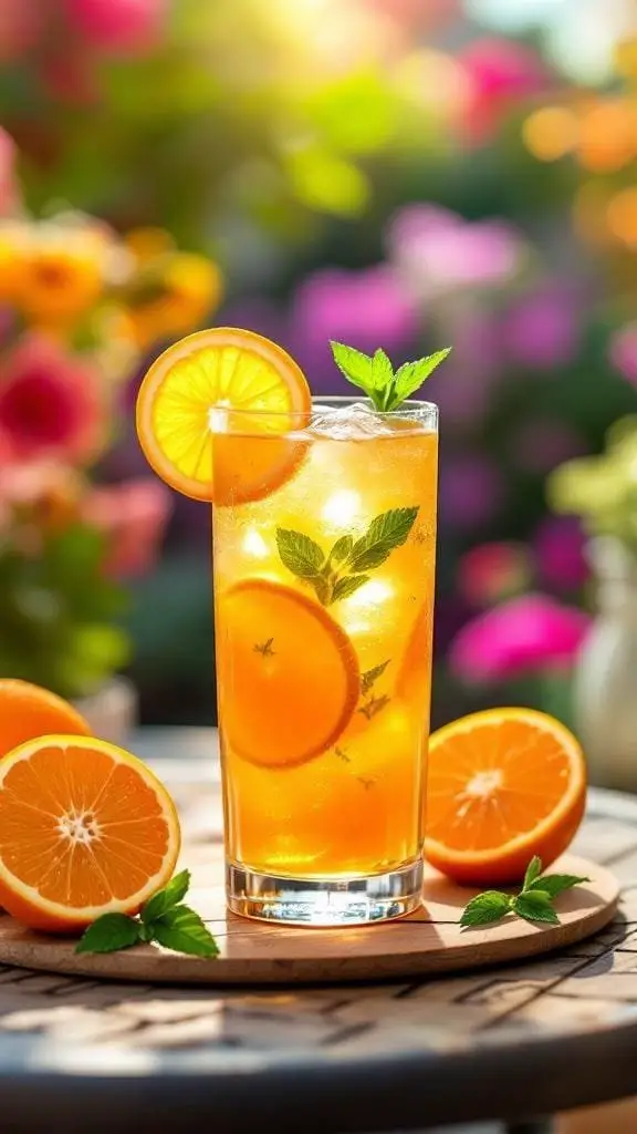 A refreshing orange and ginger cocktail garnished with mint leaves and orange slices, set against a colorful floral background.