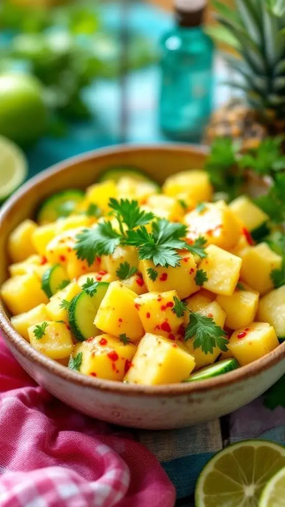 A bowl of pineapple cucumber salad garnished with cilantro and chili flakes.