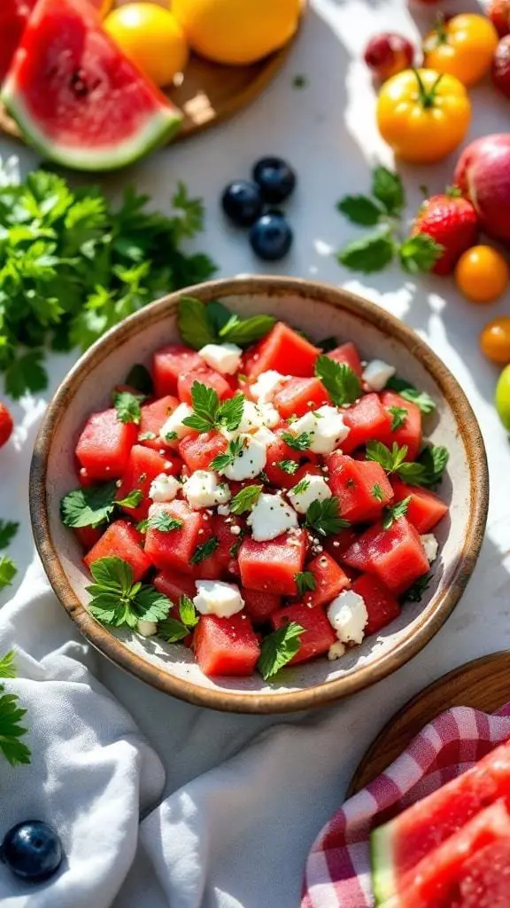 A bowl of watermelon and feta salad garnished with herbs, surrounded by fresh fruits and vegetables.