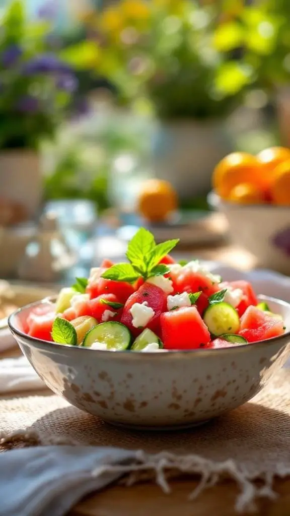 A vibrant bowl of watermelon, cucumber, and feta salad garnished with mint leaves.