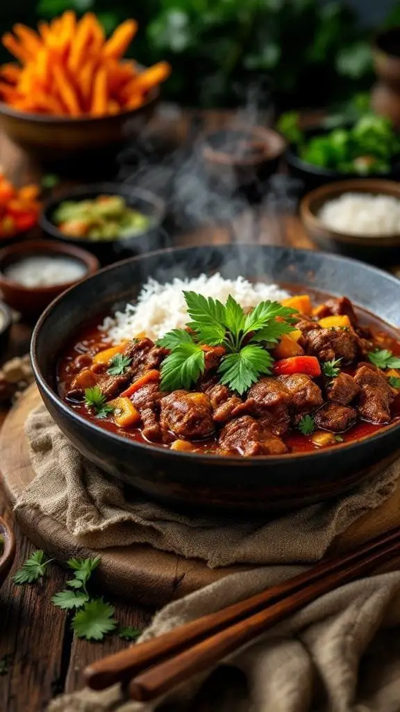 A bowl of Indonesian Beef Rendang served with rice and garnished with fresh herbs.