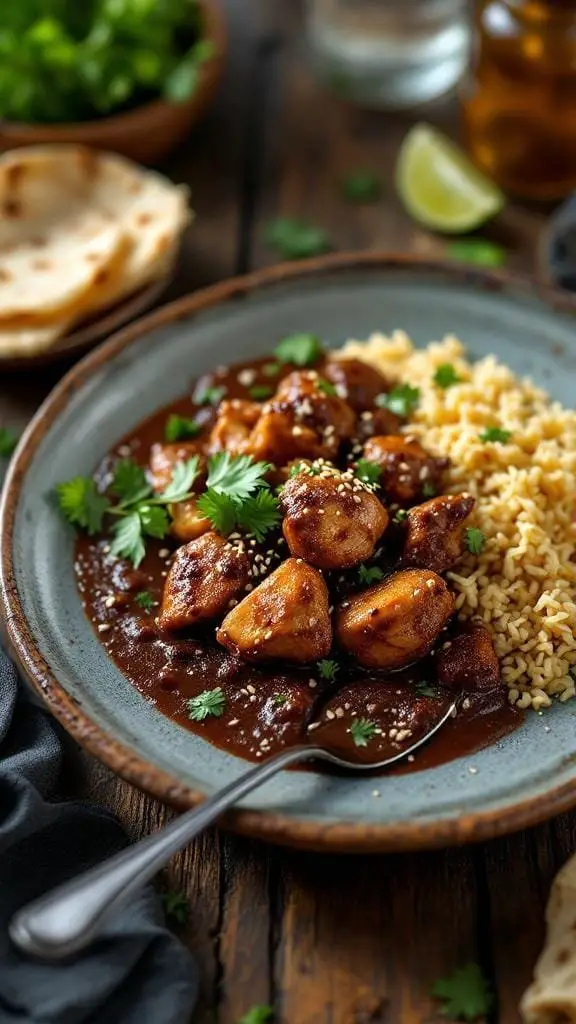 A plate of Chicken Mole served with rice and garnished with cilantro