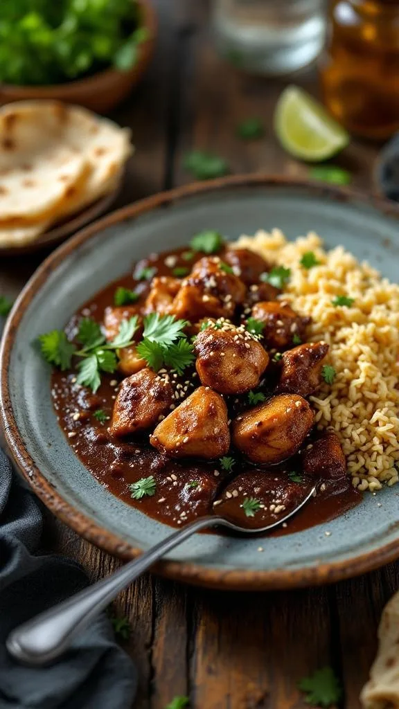 A plate of Chicken Mole served with rice and garnished with cilantro