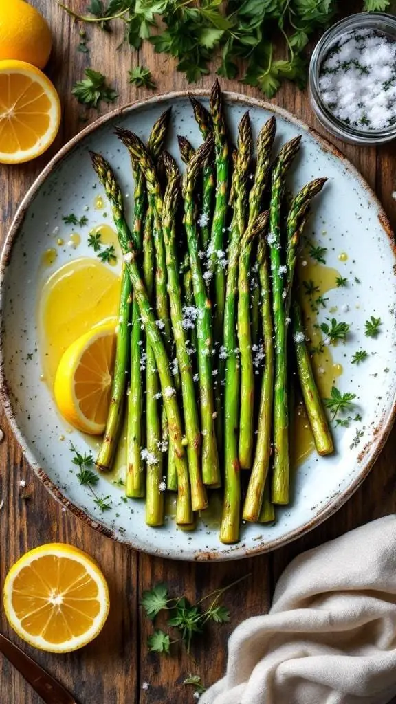 A plate of roasted asparagus garnished with lemon slices and herbs