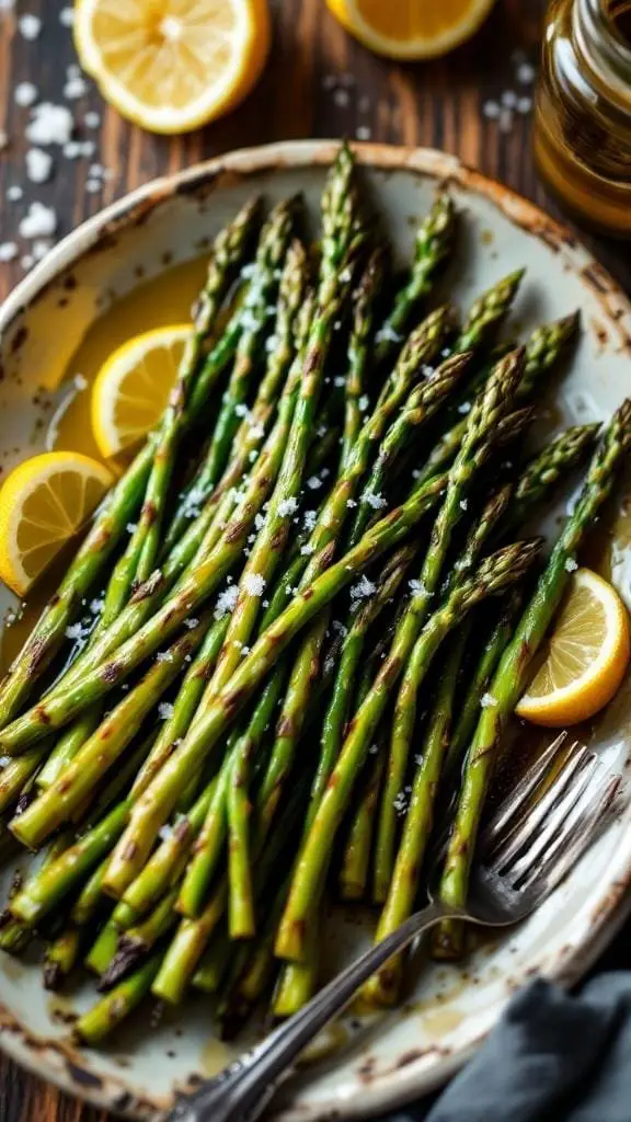 A plate of roasted asparagus garnished with lemon slices