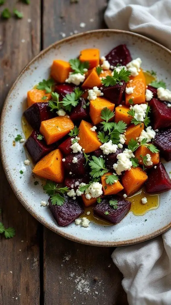 A plate of roasted beets and sweet potatoes topped with feta cheese and cilantro.
