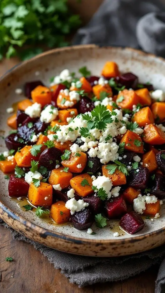 A plate of roasted beets and sweet potatoes topped with feta and cilantro